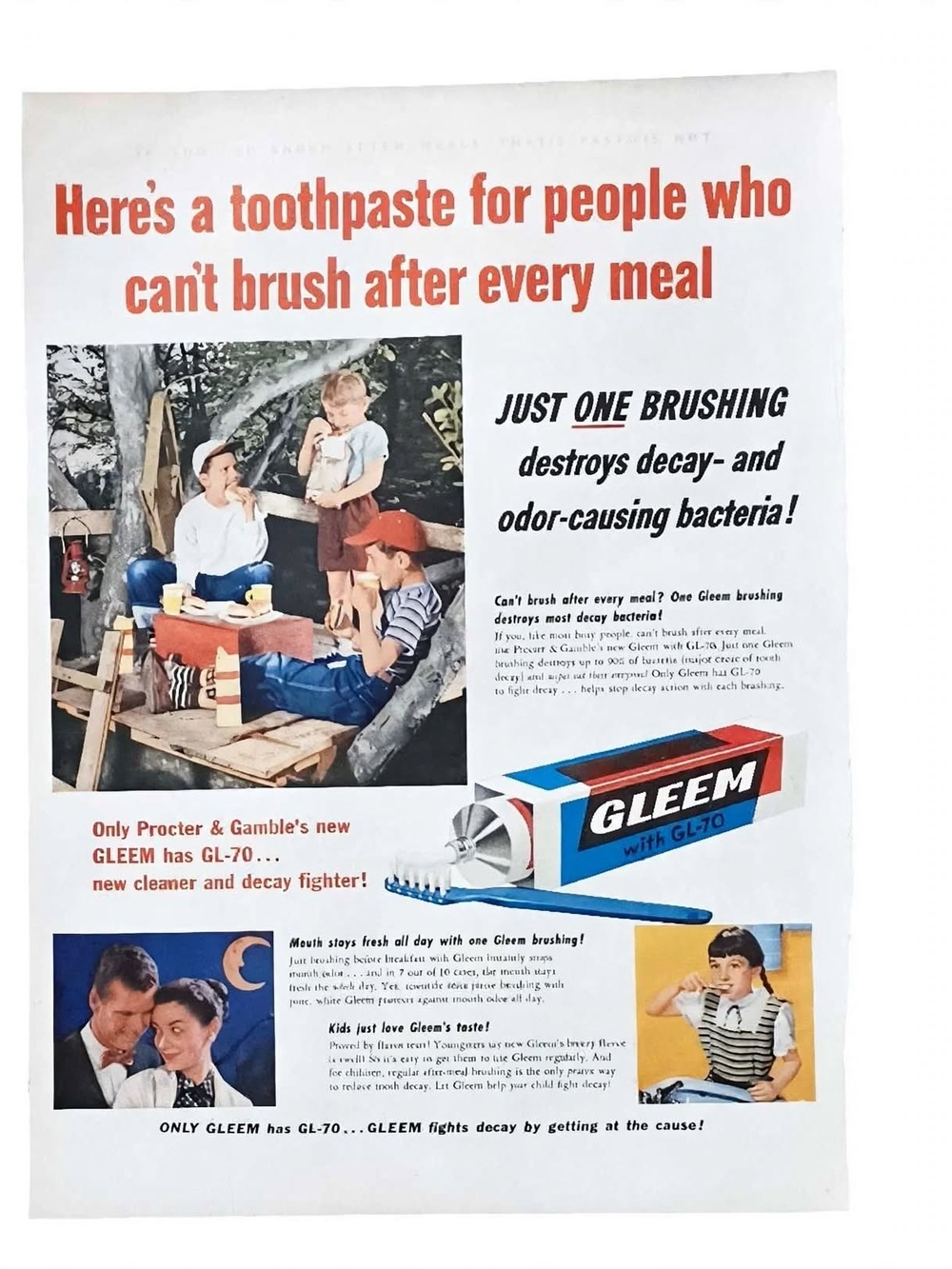 Authentic original 1950s magazine print ad for Gleem Toothpaste 14"×17"